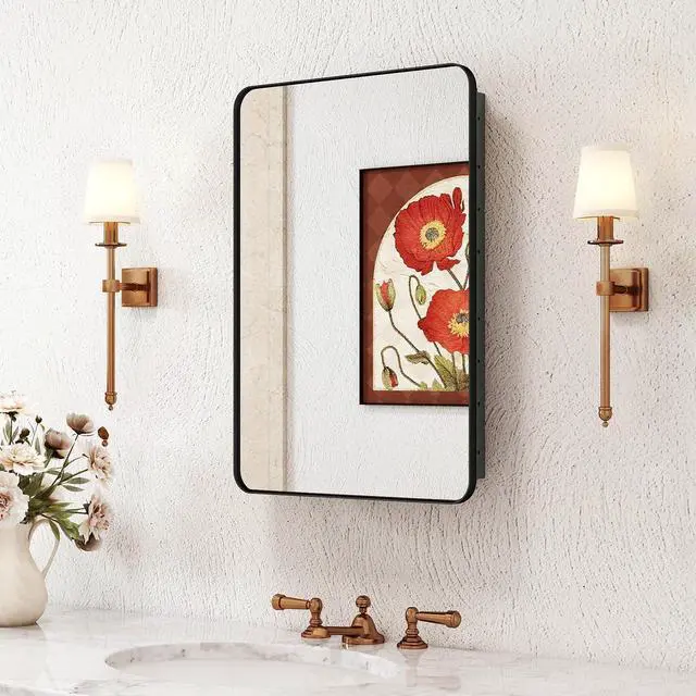 Main image of Medicine Cabinet with Mirror, 16x24 Inch Fully Assembled Recessed or Surface Mount Bathroom Medicine Cabinet, Metal Mirrored Cabinet with Adjustable Storage Shelves