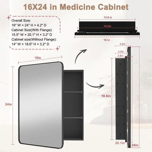 Alt view image 3 of 7 - Medicine Cabinet with Mirror, 16x24 Inch Fully Assembled Recessed or Surface Mount Bathroom Medicine Cabinet, Metal Mirrored Cabinet with Adjustable Storage Shelves