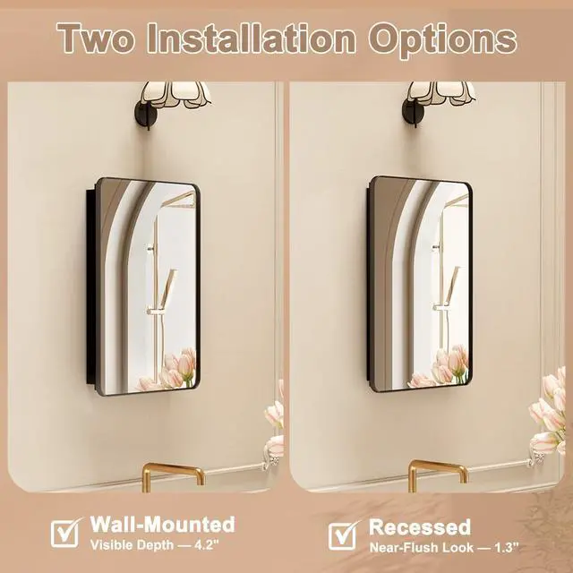Alt view image 4 of 7 - Medicine Cabinet with Mirror, 16x24 Inch Fully Assembled Recessed or Surface Mount Bathroom Medicine Cabinet, Metal Mirrored Cabinet with Adjustable Storage Shelves