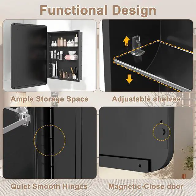 Alt view image 6 of 7 - Medicine Cabinet with Mirror, 16x24 Inch Fully Assembled Recessed or Surface Mount Bathroom Medicine Cabinet, Metal Mirrored Cabinet with Adjustable Storage Shelves