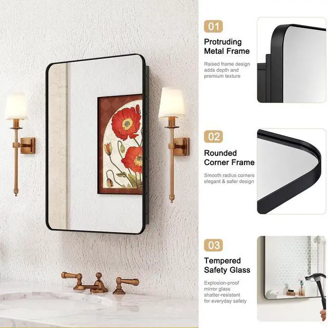 Alt view image 7 of 7 - Medicine Cabinet with Mirror, 16x24 Inch Fully Assembled Recessed or Surface Mount Bathroom Medicine Cabinet, Metal Mirrored Cabinet with Adjustable Storage Shelves