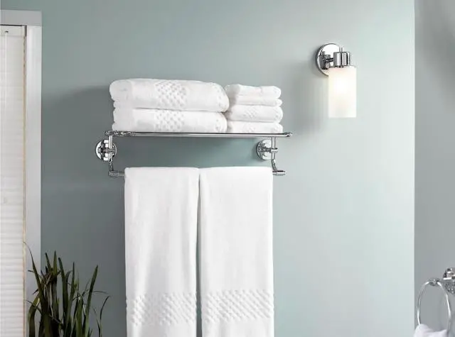 Alt view image 5 of 7 - Iso Chrome 24-Inch Wide Bathroom Hotel-Style Towel Shelf with Towel Bar, DN0794CH