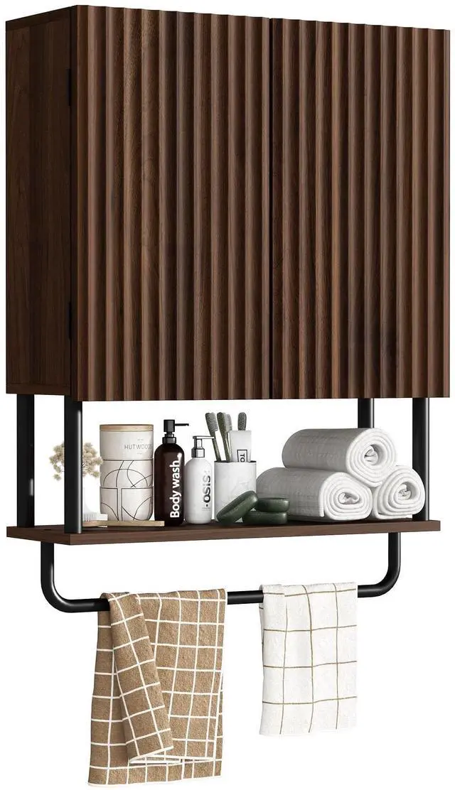 Main image of Fluted Bathroom Wall Cabinet with 2 Doors, 3-Tier Modern Farmhouse Medicine Cabinet, Over The Toilet Storage Cabinet with Adjustable Shelf and Towel Bar (Dark Walnut, Medium)