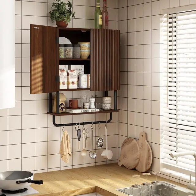 Alt view image 2 of 7 - Fluted Bathroom Wall Cabinet with 2 Doors, 3-Tier Modern Farmhouse Medicine Cabinet, Over The Toilet Storage Cabinet with Adjustable Shelf and Towel Bar (Dark Walnut, Medium)