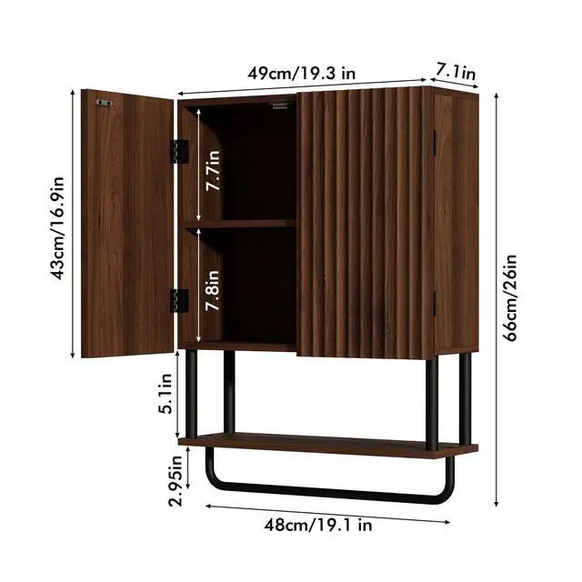 Alt view image 3 of 7 - Fluted Bathroom Wall Cabinet with 2 Doors, 3-Tier Modern Farmhouse Medicine Cabinet, Over The Toilet Storage Cabinet with Adjustable Shelf and Towel Bar (Dark Walnut, Medium)