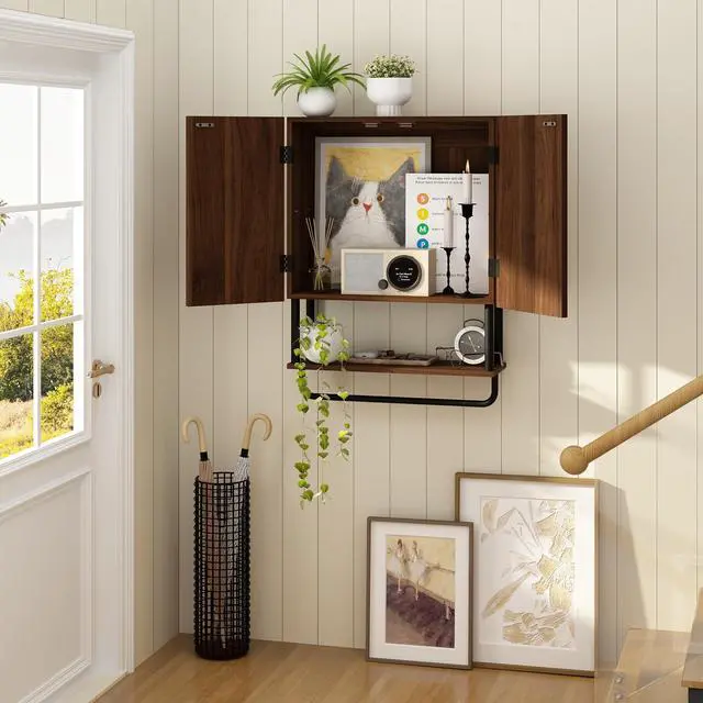 Alt view image 5 of 7 - Fluted Bathroom Wall Cabinet with 2 Doors, 3-Tier Modern Farmhouse Medicine Cabinet, Over The Toilet Storage Cabinet with Adjustable Shelf and Towel Bar (Dark Walnut, Medium)