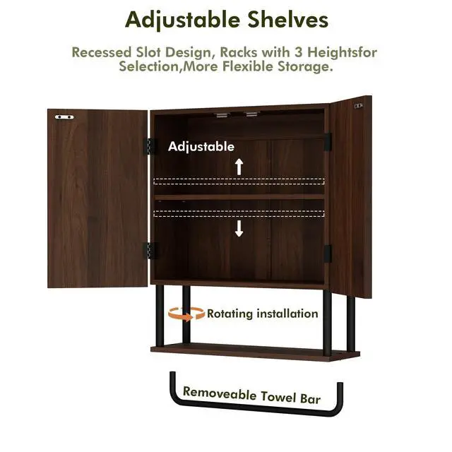 Alt view image 6 of 7 - Fluted Bathroom Wall Cabinet with 2 Doors, 3-Tier Modern Farmhouse Medicine Cabinet, Over The Toilet Storage Cabinet with Adjustable Shelf and Towel Bar (Dark Walnut, Medium)