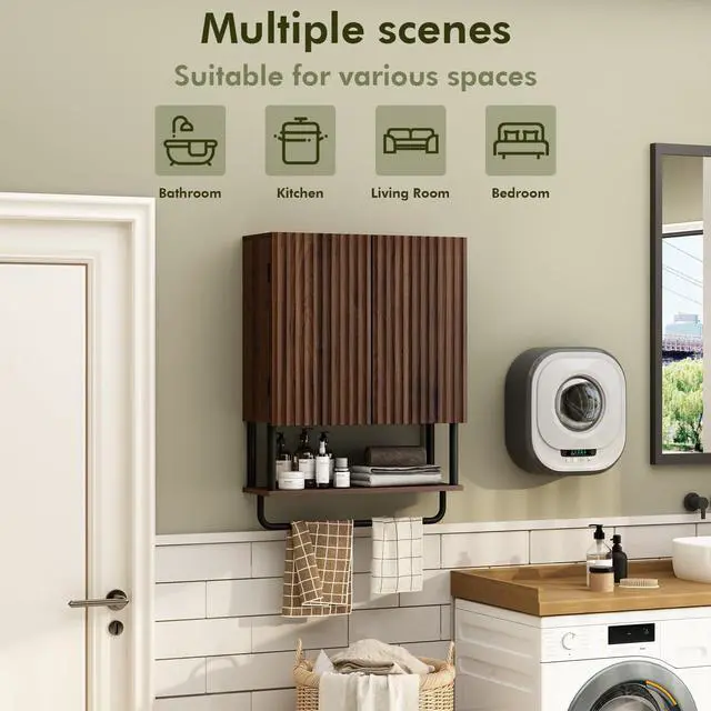 Alt view image 4 of 7 - Fluted Bathroom Wall Cabinet with 2 Doors, 3-Tier Modern Farmhouse Medicine Cabinet, Over The Toilet Storage Cabinet with Adjustable Shelf and Towel Bar (Dark Walnut, Medium)