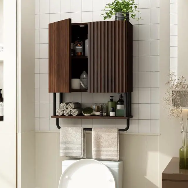 Alt view image 7 of 7 - Fluted Bathroom Wall Cabinet with 2 Doors, 3-Tier Modern Farmhouse Medicine Cabinet, Over The Toilet Storage Cabinet with Adjustable Shelf and Towel Bar (Dark Walnut, Medium)