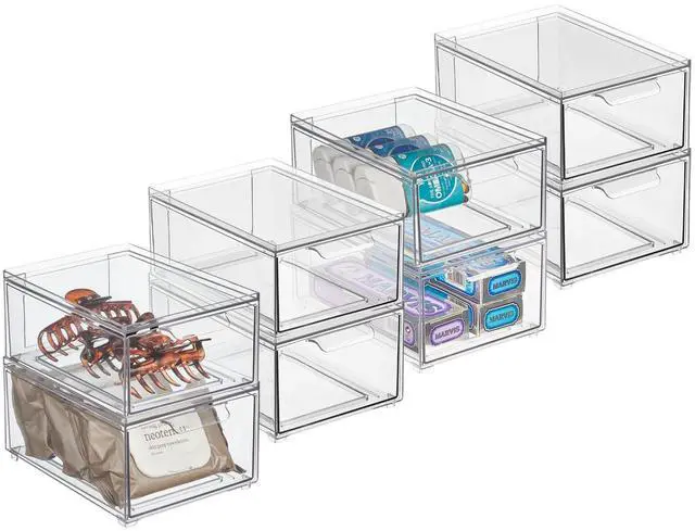 Main image of Plastic Bathroom Organizer Bin w/Pull Out Drawer - Slim Stackable Storage Container for Bathroom Accessories - Perfect for Organizing Bathroom Cabinet - Lumiere Collection - 8 Pack - Clear