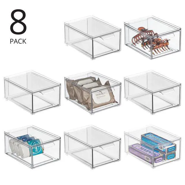 Alt view image 2 of 7 - Plastic Bathroom Organizer Bin w/Pull Out Drawer - Slim Stackable Storage Container for Bathroom Accessories - Perfect for Organizing Bathroom Cabinet - Lumiere Collection - 8 Pack - Clear