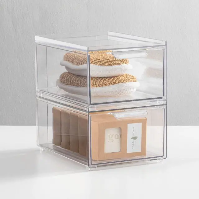Alt view image 3 of 7 - Plastic Bathroom Organizer Bin w/Pull Out Drawer - Slim Stackable Storage Container for Bathroom Accessories - Perfect for Organizing Bathroom Cabinet - Lumiere Collection - 8 Pack - Clear