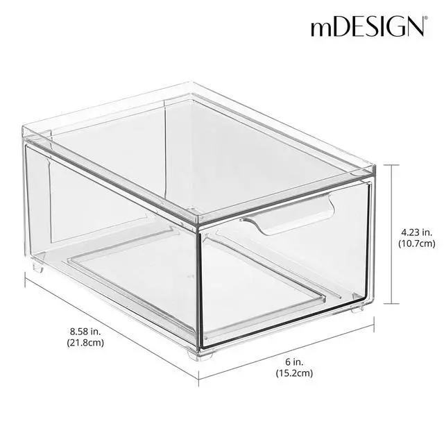 Alt view image 4 of 7 - Plastic Bathroom Organizer Bin w/Pull Out Drawer - Slim Stackable Storage Container for Bathroom Accessories - Perfect for Organizing Bathroom Cabinet - Lumiere Collection - 8 Pack - Clear