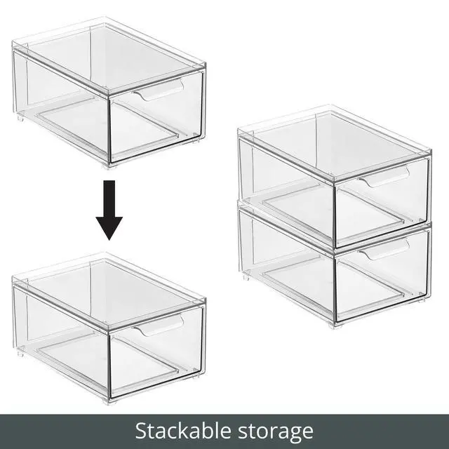 Alt view image 5 of 7 - Plastic Bathroom Organizer Bin w/Pull Out Drawer - Slim Stackable Storage Container for Bathroom Accessories - Perfect for Organizing Bathroom Cabinet - Lumiere Collection - 8 Pack - Clear