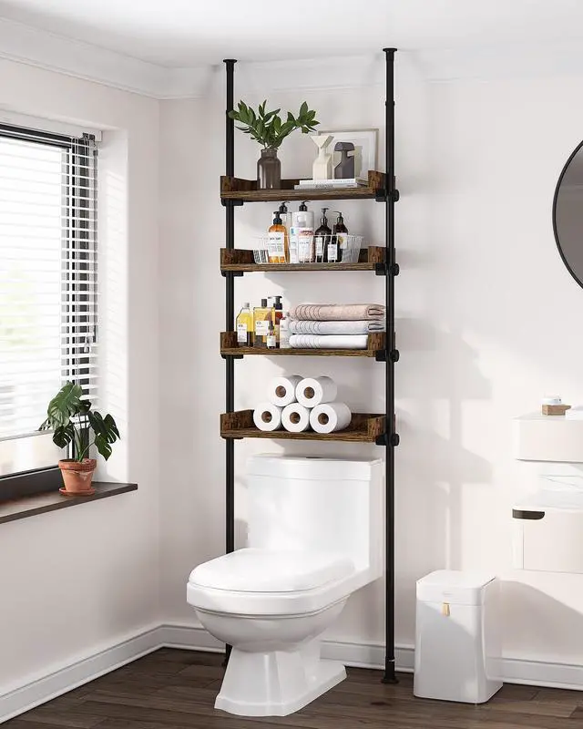 Main image of Bathroom Organizer, Over The Toilet Storage, 4-Tier Adjustable Wood Shelves for Small Rooms, Saver Space Rack, 92 to 116 Inch Tall, Narrow Cabinet, Rustic Brown