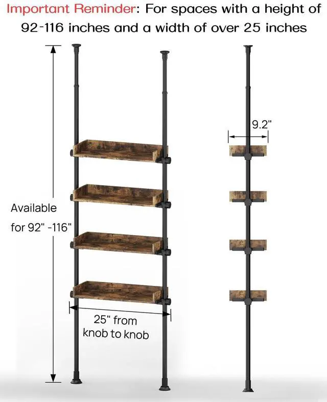 Alt view image 4 of 7 - Bathroom Organizer, Over The Toilet Storage, 4-Tier Adjustable Wood Shelves for Small Rooms, Saver Space Rack, 92 to 116 Inch Tall, Narrow Cabinet, Rustic Brown