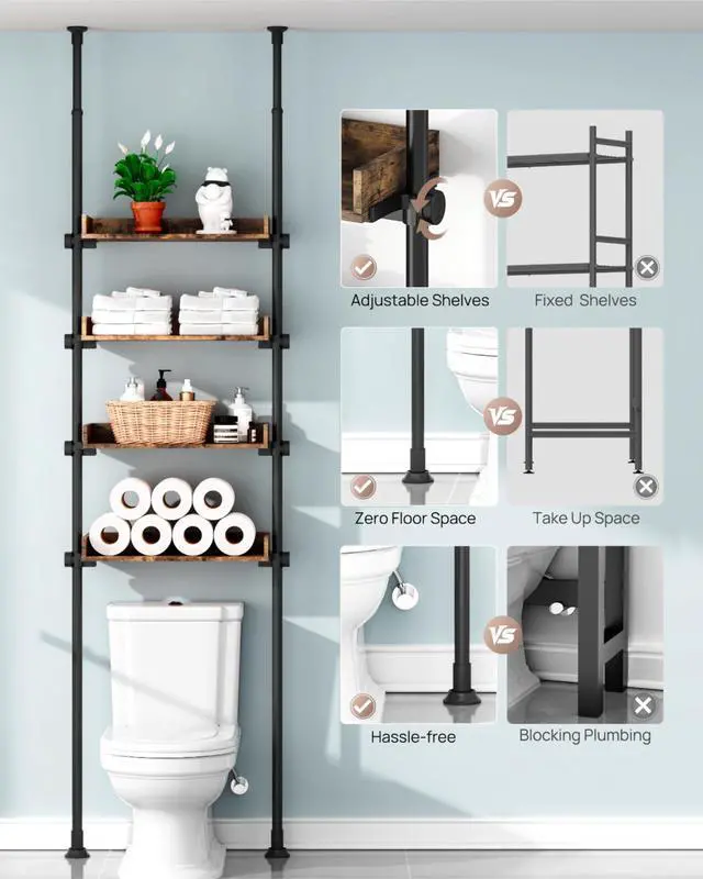 Alt view image 2 of 7 - Bathroom Organizer, Over The Toilet Storage, 4-Tier Adjustable Wood Shelves for Small Rooms, Saver Space Rack, 92 to 116 Inch Tall, Narrow Cabinet, Rustic Brown