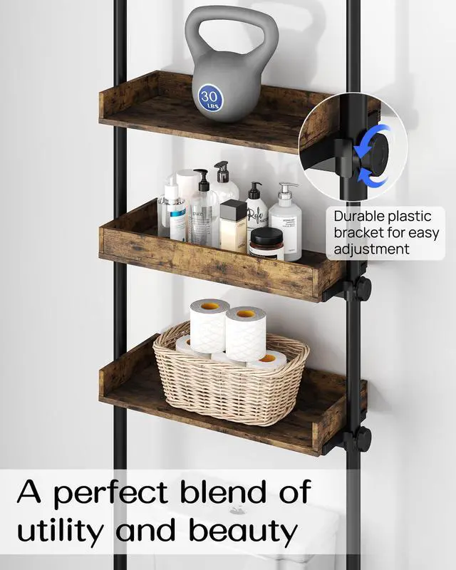 Alt view image 3 of 7 - Bathroom Organizer, Over The Toilet Storage, 4-Tier Adjustable Wood Shelves for Small Rooms, Saver Space Rack, 92 to 116 Inch Tall, Narrow Cabinet, Rustic Brown