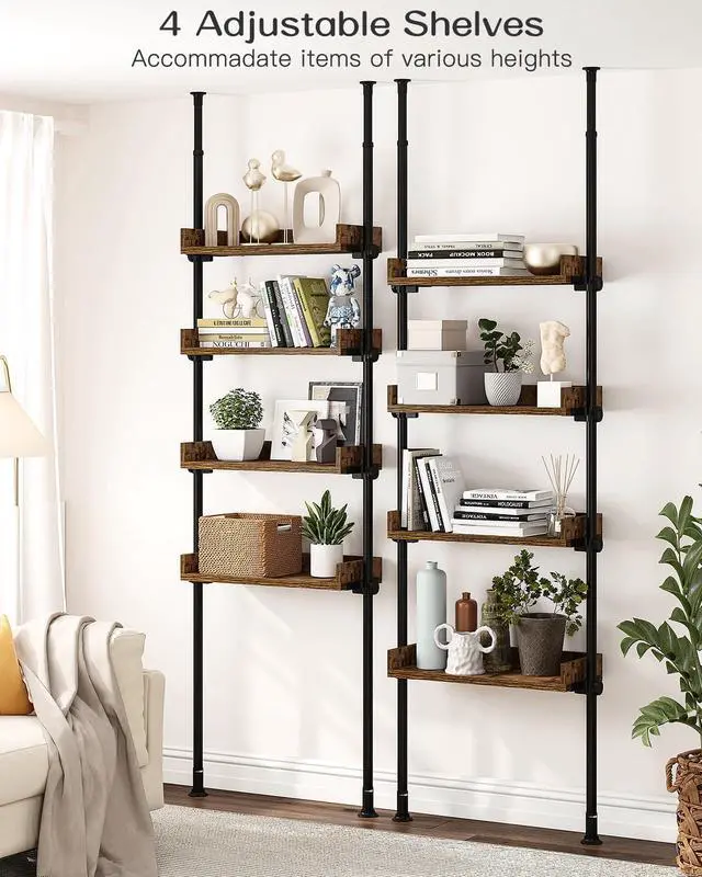 Alt view image 6 of 7 - Bathroom Organizer, Over The Toilet Storage, 4-Tier Adjustable Wood Shelves for Small Rooms, Saver Space Rack, 92 to 116 Inch Tall, Narrow Cabinet, Rustic Brown