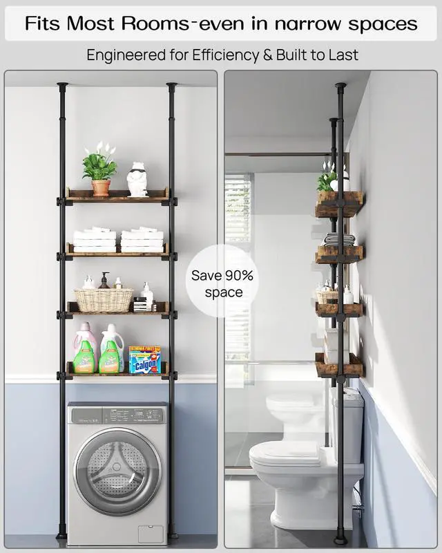 Alt view image 5 of 7 - Bathroom Organizer, Over The Toilet Storage, 4-Tier Adjustable Wood Shelves for Small Rooms, Saver Space Rack, 92 to 116 Inch Tall, Narrow Cabinet, Rustic Brown