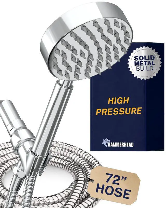 Main image of Solid Metal Handheld Shower Head with Hose and Brass Holder - CHROME - 2.5 GPM High Pressure Shower Heads with Adjustable Shower Wand Bracket - 6ft Flexible Extension