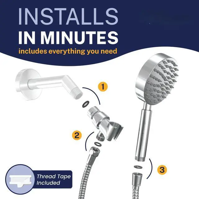 Alt view image 4 of 6 - Solid Metal Handheld Shower Head with Hose and Brass Holder - CHROME - 2.5 GPM High Pressure Shower Heads with Adjustable Shower Wand Bracket - 6ft Flexible Extension