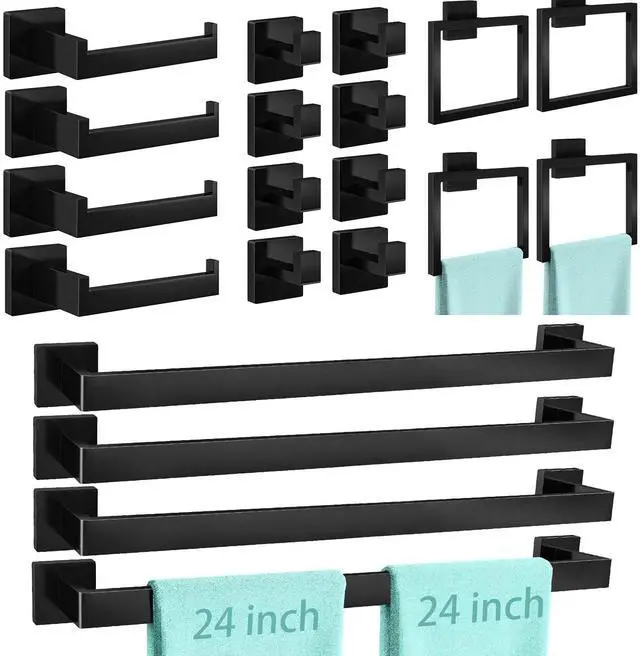 Main image of 20-Piece Matte Black Bathroom Hardware Set, 24 Inch Bath Towel Bar Set, Stainless Steel Wall Mounted Towel Rack for Bathroom