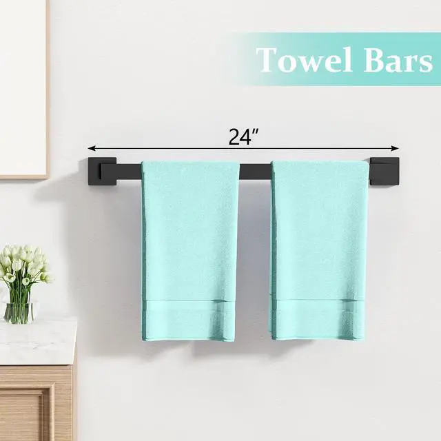 Alt view image 3 of 7 - 20-Piece Matte Black Bathroom Hardware Set, 24 Inch Bath Towel Bar Set, Stainless Steel Wall Mounted Towel Rack for Bathroom