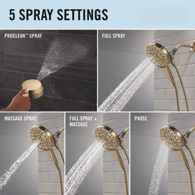 Alt view image 4 of 6 - 5-Setting In2ition 2-in-1 Dual Shower Head with Handheld High Pressure ProClean Spray, Brushed Gold Detachable Shower Head with Hose, 1.75 GPM Flow Rate, Champagne Bronze 75548CZ