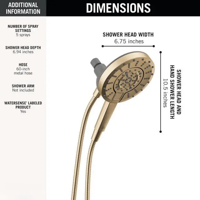 Alt view image 6 of 6 - 5-Setting In2ition 2-in-1 Dual Shower Head with Handheld High Pressure ProClean Spray, Brushed Gold Detachable Shower Head with Hose, 1.75 GPM Flow Rate, Champagne Bronze 75548CZ