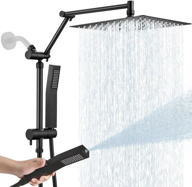 Main image of All Metal 10 Inch Rain Shower Head with Handheld Spray Combo, High Pressure Waterfall Rainfall Square Shower Heads with 16" Adjustable Extension Arm, Dual Showerhead with 3-Way Diverter, Matte Black