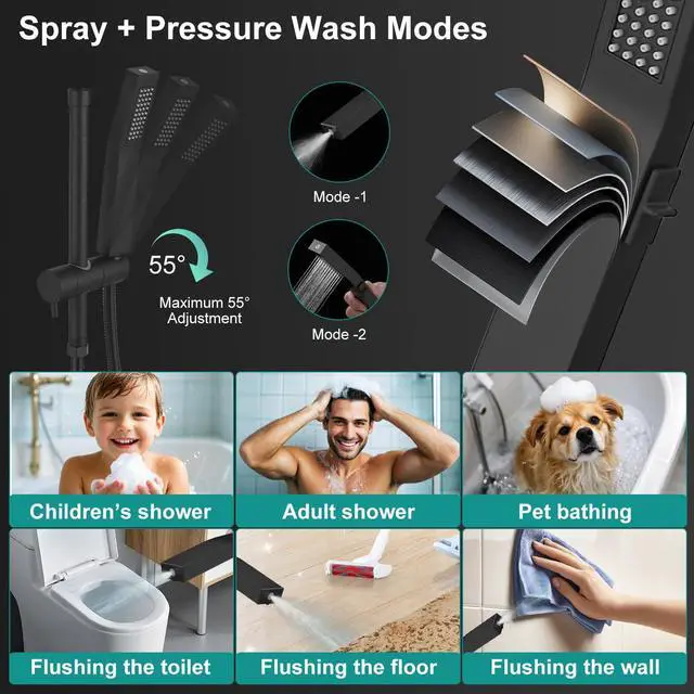 Alt view image 2 of 7 - All Metal 10 Inch Rain Shower Head with Handheld Spray Combo, High Pressure Waterfall Rainfall Square Shower Heads with 16" Adjustable Extension Arm, Dual Showerhead with 3-Way Diverter, Matte Black