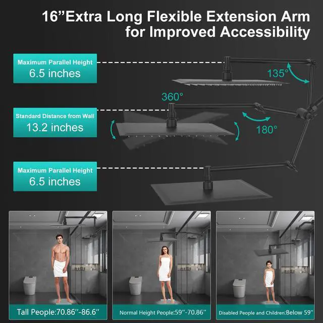 Alt view image 4 of 7 - All Metal 10 Inch Rain Shower Head with Handheld Spray Combo, High Pressure Waterfall Rainfall Square Shower Heads with 16" Adjustable Extension Arm, Dual Showerhead with 3-Way Diverter, Matte Black