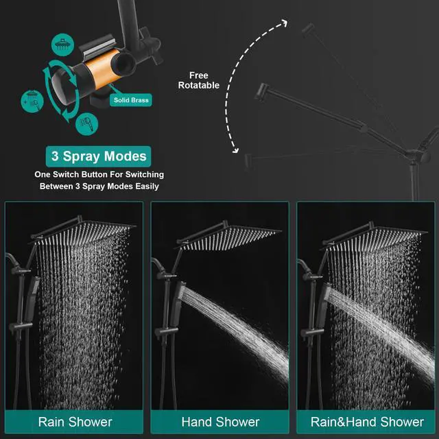 Alt view image 5 of 7 - All Metal 10 Inch Rain Shower Head with Handheld Spray Combo, High Pressure Waterfall Rainfall Square Shower Heads with 16" Adjustable Extension Arm, Dual Showerhead with 3-Way Diverter, Matte Black