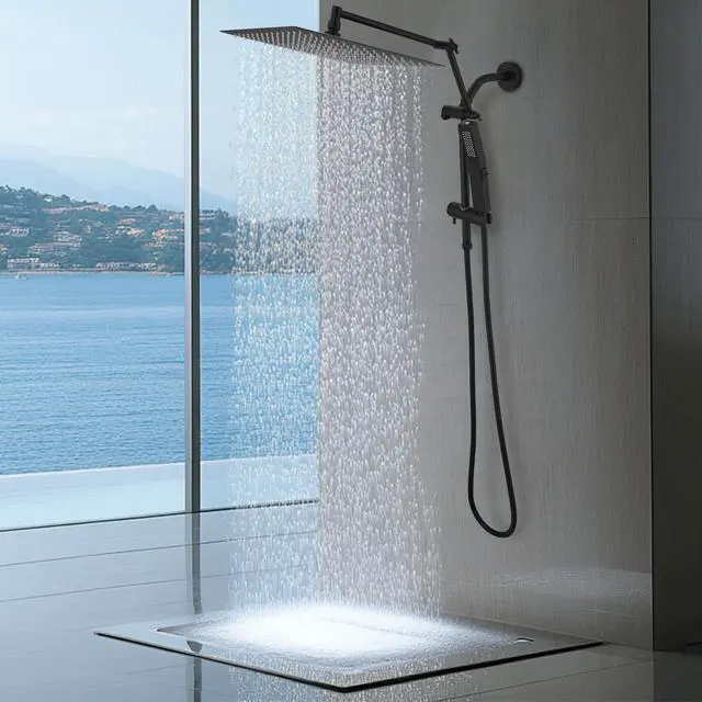 Alt view image 3 of 7 - All Metal 10 Inch Rain Shower Head with Handheld Spray Combo, High Pressure Waterfall Rainfall Square Shower Heads with 16" Adjustable Extension Arm, Dual Showerhead with 3-Way Diverter, Matte Black