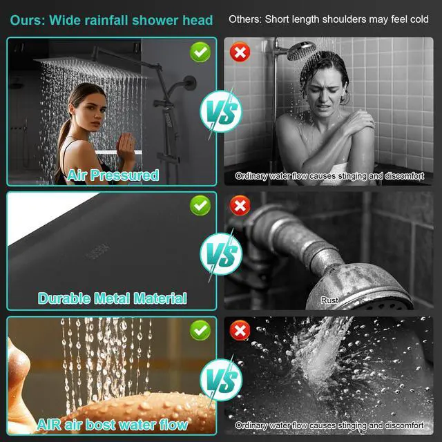 Alt view image 7 of 7 - All Metal 10 Inch Rain Shower Head with Handheld Spray Combo, High Pressure Waterfall Rainfall Square Shower Heads with 16" Adjustable Extension Arm, Dual Showerhead with 3-Way Diverter, Matte Black