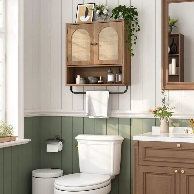 Alt view image 3 of 7 - Rattan Bathroom Wall Cabinet, Boho Medicine Cabinet with 2 Arched Doors, Farmhouse Over the Toilet Storage Cabinets with Adjustable Shelves & Towel Bar, 3-Tier Wall Mounted Cabinets