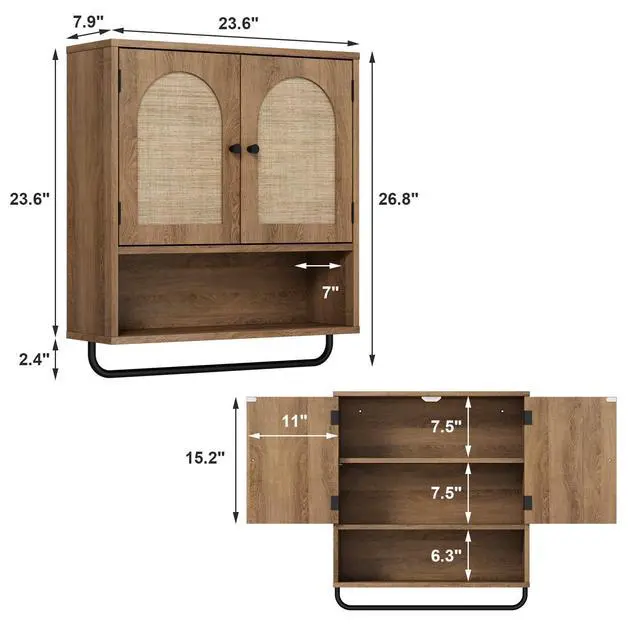 Alt view image 2 of 7 - Rattan Bathroom Wall Cabinet, Boho Medicine Cabinet with 2 Arched Doors, Farmhouse Over the Toilet Storage Cabinets with Adjustable Shelves & Towel Bar, 3-Tier Wall Mounted Cabinets