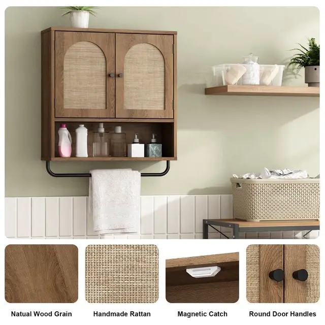 Alt view image 4 of 7 - Rattan Bathroom Wall Cabinet, Boho Medicine Cabinet with 2 Arched Doors, Farmhouse Over the Toilet Storage Cabinets with Adjustable Shelves & Towel Bar, 3-Tier Wall Mounted Cabinets