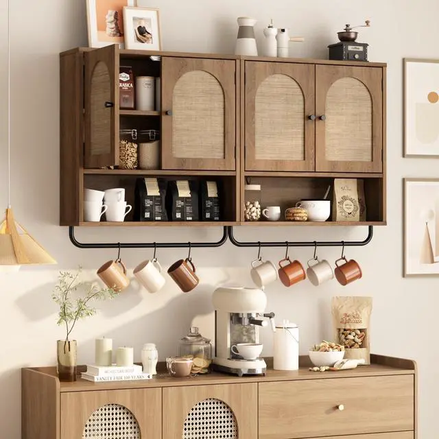 Alt view image 7 of 7 - Rattan Bathroom Wall Cabinet, Boho Medicine Cabinet with 2 Arched Doors, Farmhouse Over the Toilet Storage Cabinets with Adjustable Shelves & Towel Bar, 3-Tier Wall Mounted Cabinets