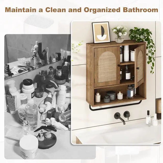 Alt view image 6 of 7 - Rattan Bathroom Wall Cabinet, Boho Medicine Cabinet with 2 Arched Doors, Farmhouse Over the Toilet Storage Cabinets with Adjustable Shelves & Towel Bar, 3-Tier Wall Mounted Cabinets