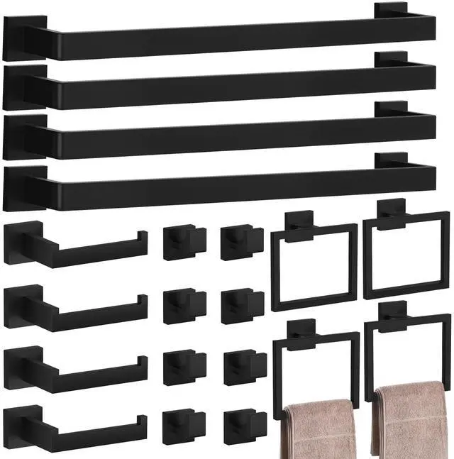 Main image of 20-Pieces Matte Black Bathroom Accessories Set, 23.6 Inch Bath Towel Bar Set, SUS 304 Stainless Steel Bathroom Hardware Set, Towel Racks for Bathroom Wall Mounted.