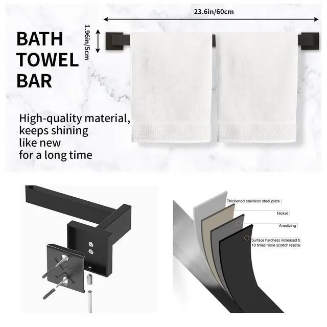 Alt view image 3 of 7 - 20-Pieces Matte Black Bathroom Accessories Set, 23.6 Inch Bath Towel Bar Set, SUS 304 Stainless Steel Bathroom Hardware Set, Towel Racks for Bathroom Wall Mounted.