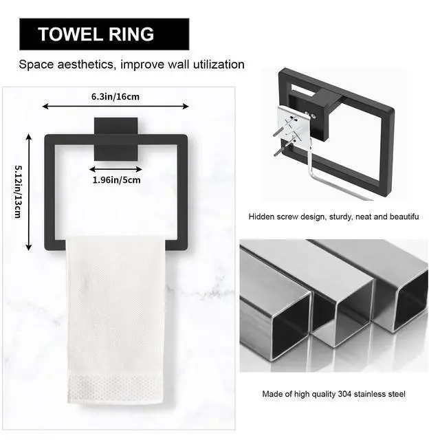 Alt view image 4 of 7 - 20-Pieces Matte Black Bathroom Accessories Set, 23.6 Inch Bath Towel Bar Set, SUS 304 Stainless Steel Bathroom Hardware Set, Towel Racks for Bathroom Wall Mounted.