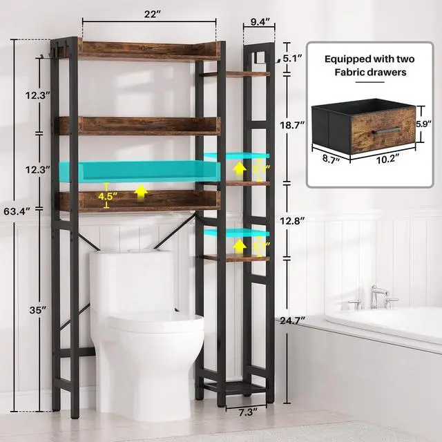 Alt view image 3 of 7 - Over The Toilet Storage, 7 Tier Bathroom Organizer with Reversible Side Shelf and 2 Fabric Drawers, Adjustable Freestanding Rack Space Saver for Small Spaces, Rustic Brown