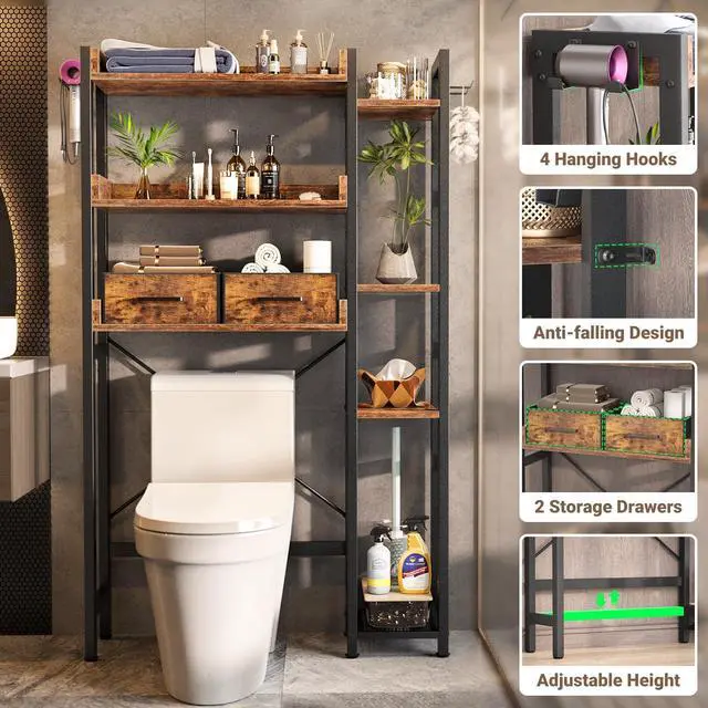 Alt view image 4 of 7 - Over The Toilet Storage, 7 Tier Bathroom Organizer with Reversible Side Shelf and 2 Fabric Drawers, Adjustable Freestanding Rack Space Saver for Small Spaces, Rustic Brown