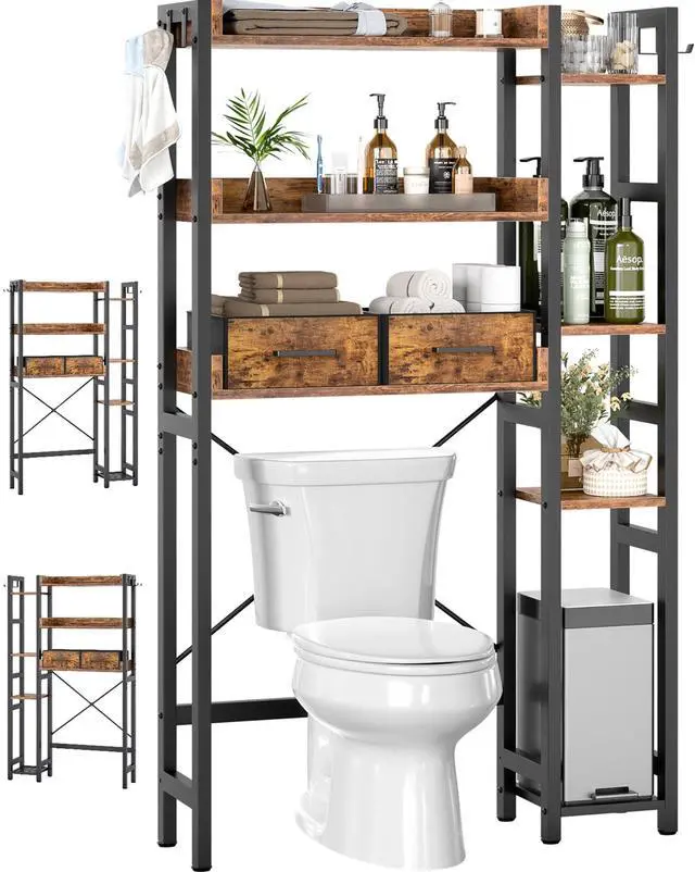 Main image of Over The Toilet Storage, 7 Tier Bathroom Organizer with Reversible Side Shelf and 2 Fabric Drawers, Adjustable Freestanding Rack Space Saver for Small Spaces, Rustic Brown