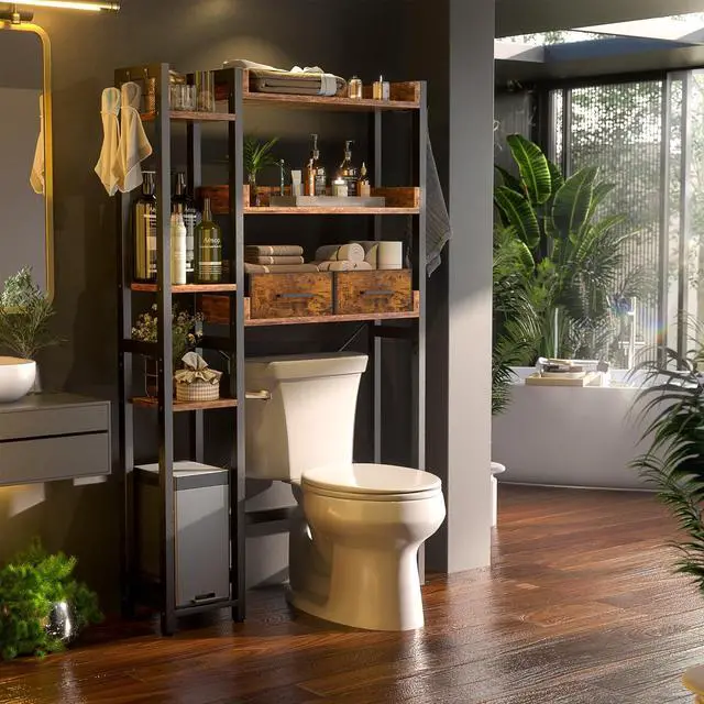Alt view image 2 of 7 - Over The Toilet Storage, 7 Tier Bathroom Organizer with Reversible Side Shelf and 2 Fabric Drawers, Adjustable Freestanding Rack Space Saver for Small Spaces, Rustic Brown