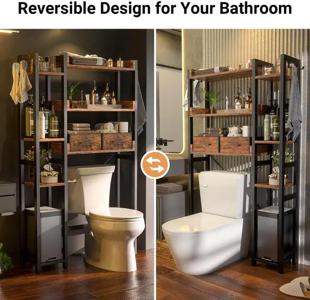 Alt view image 5 of 7 - Over The Toilet Storage, 7 Tier Bathroom Organizer with Reversible Side Shelf and 2 Fabric Drawers, Adjustable Freestanding Rack Space Saver for Small Spaces, Rustic Brown