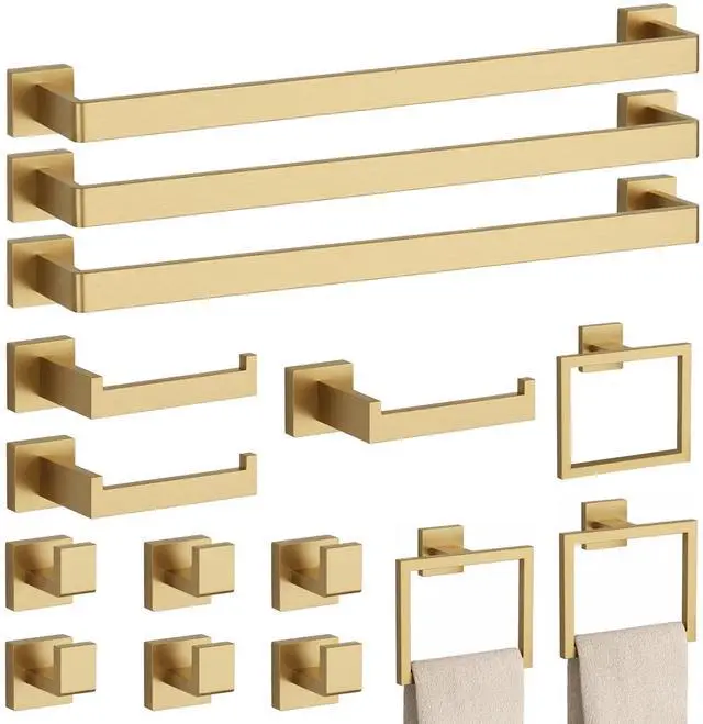 Main image of 15-Piece Brushed Gold Bathroom Accessories Set 23.6" Towel Bar, Towel Ring, Toilet Paper Holder & Hooks, Wall Mounted Bathroom Hardware, Rust & Corrosion-Resistant, Ideal for Modern Bathrooms